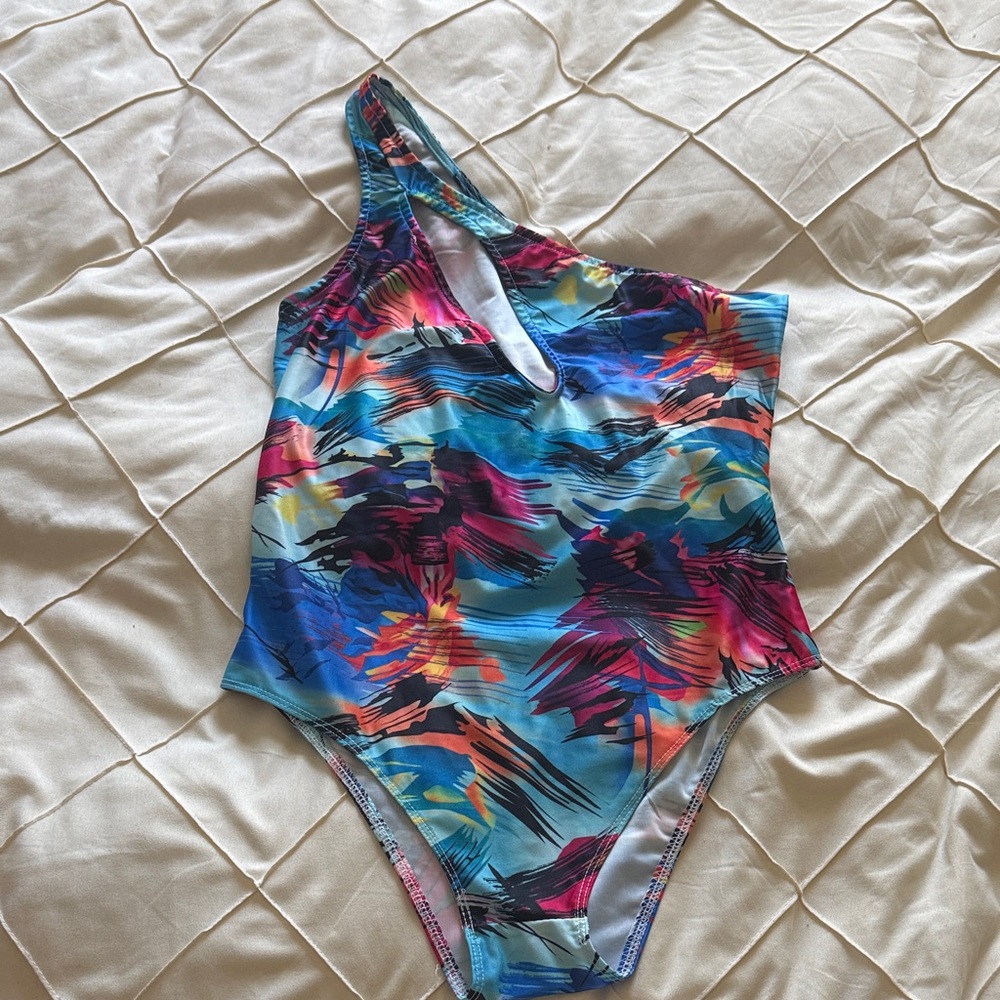 Women’s One-Shoulder Swimsuit in Multicolor Tropical Print with cover up (next)